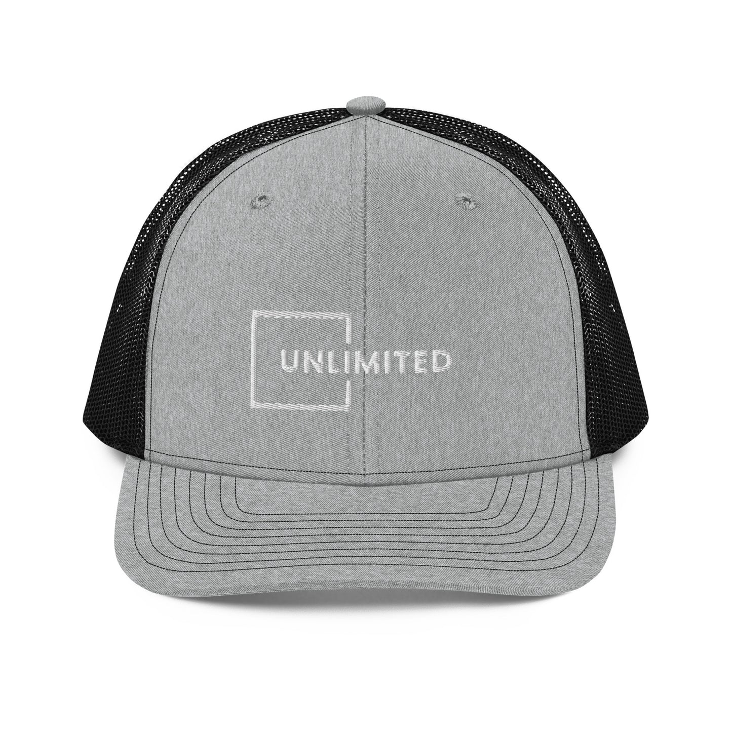 A grey and black snapback trucker cap featuring the word "UNLIMITED" in white block letters enclosed within a white line square, embroidered on the front panel. The cap has a pre-curved visor, structured crown, breathable mesh panels on the sides and back, and an adjustable snap closure for a comfortable fit.