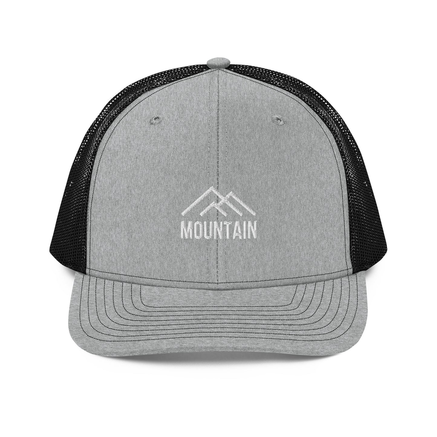 An grey and black snapback trucker cap with a stylized white mountain range emblem above the word "MOUNTAIN," also in white, embroidered on the front panel. This cap features a curved visor, a structured front crown, mesh side and back panels for ventilation, and an adjustable snapback closure for a tailored fit.