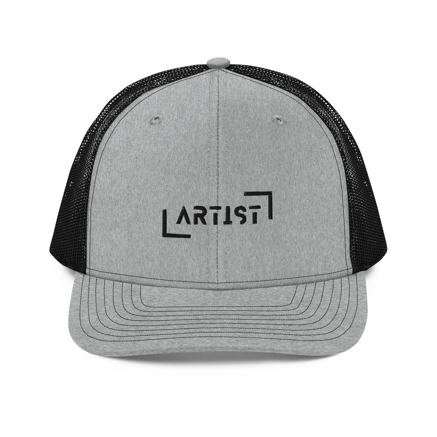 A grey and black snapback trucker cap with the word "ARTIST" in bold black letters, framed by a black line square, embroidered on the front panel. It features a curved brim, button top, and black mesh back panels, offering a stylish look with a comfortable, breathable fit.