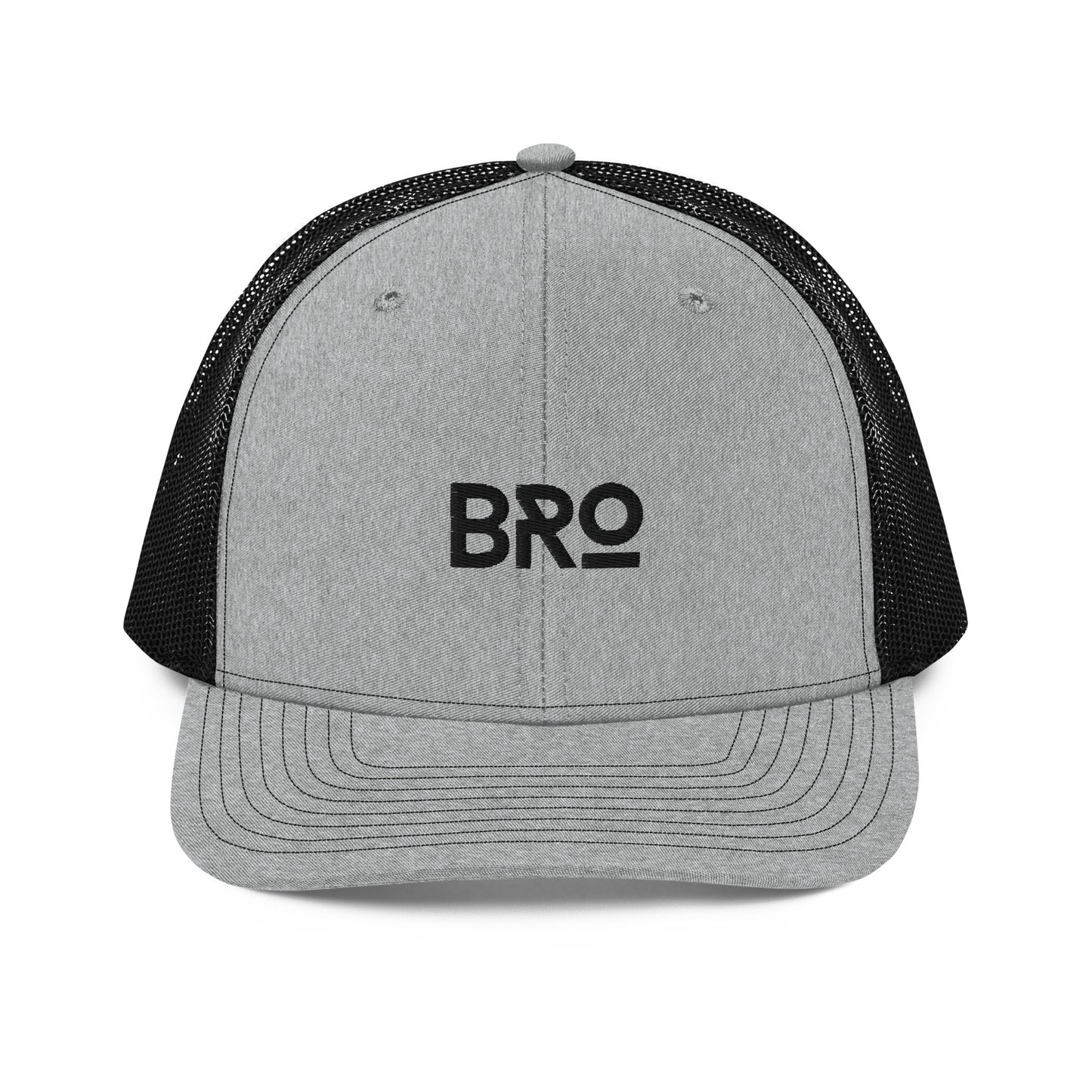 A heather gray and black snapback trucker cap with the letters "BRO" in bold black font centered on the front panel. This cap features a curved brim, black mesh back panels for enhanced airflow, and an adjustable snap closure ensuring a snug and comfortable fit.