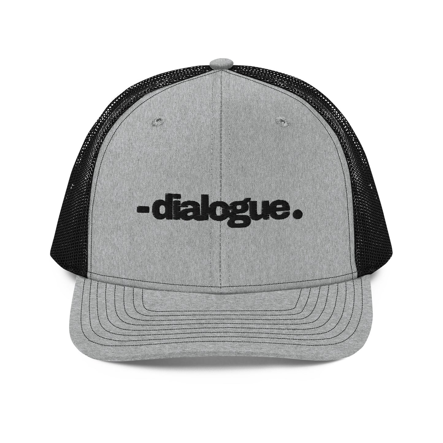 A grey and black snapback trucker cap with the word "-dialogue." in black, modern font, centered on the front panel. The cap is designed with a curved brim, white mesh back panels for breathability, and an adjustable snap closure for a customizable fit.