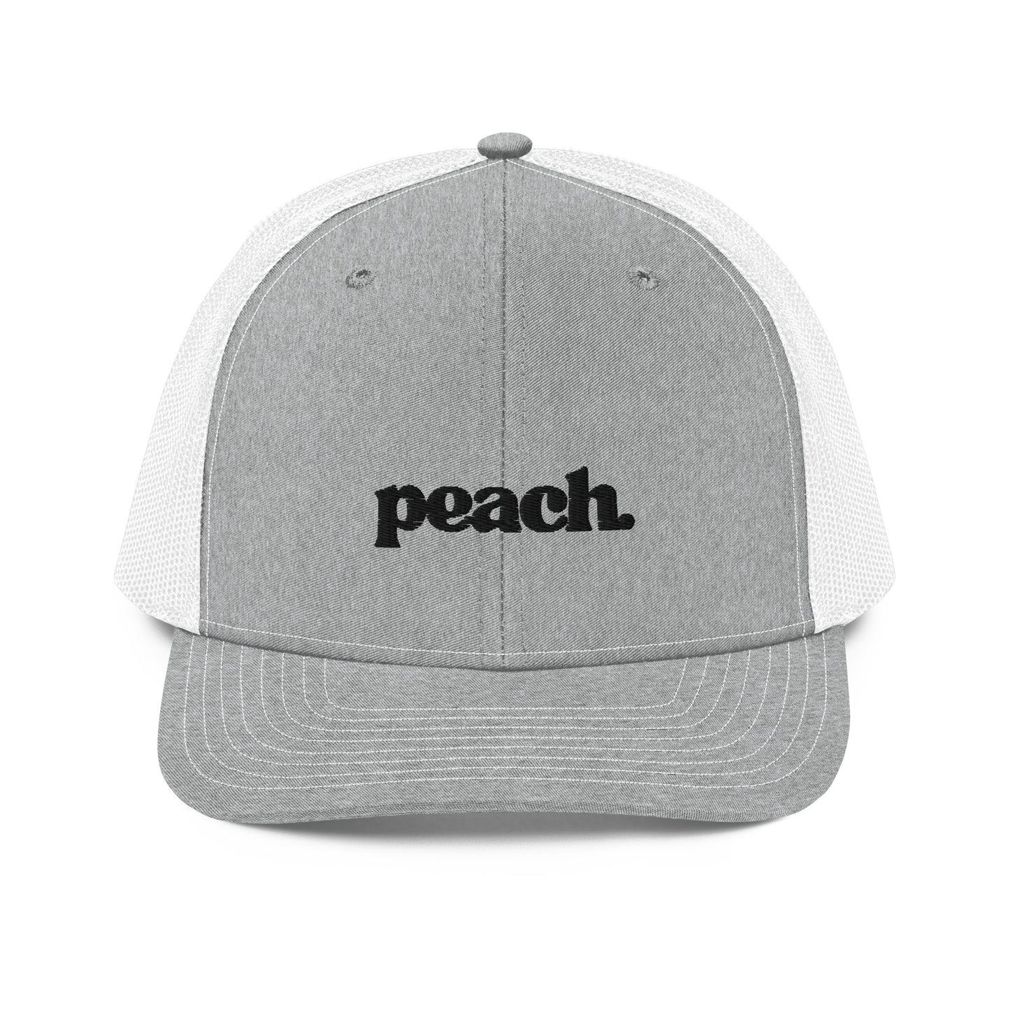 A front view of an grey and white snapback trucker cap, featuring the word "peach." in a casual black script embroidered on the front panel. The cap has a pre-curved visor, a button top, and breathable mesh panels on the sides and back for a comfortable fit.