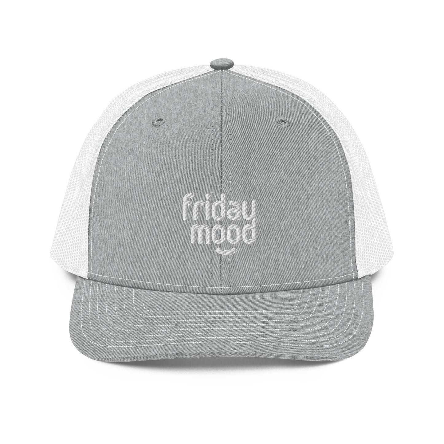 A front view of a grey and white snapback trucker cap with the phrase "friday mood" embroidered in white lowercase letters on the front panel. The cap features a pre-curved visor, a top button, and white breathable mesh back panels, designed for a casual and comfortable fit.