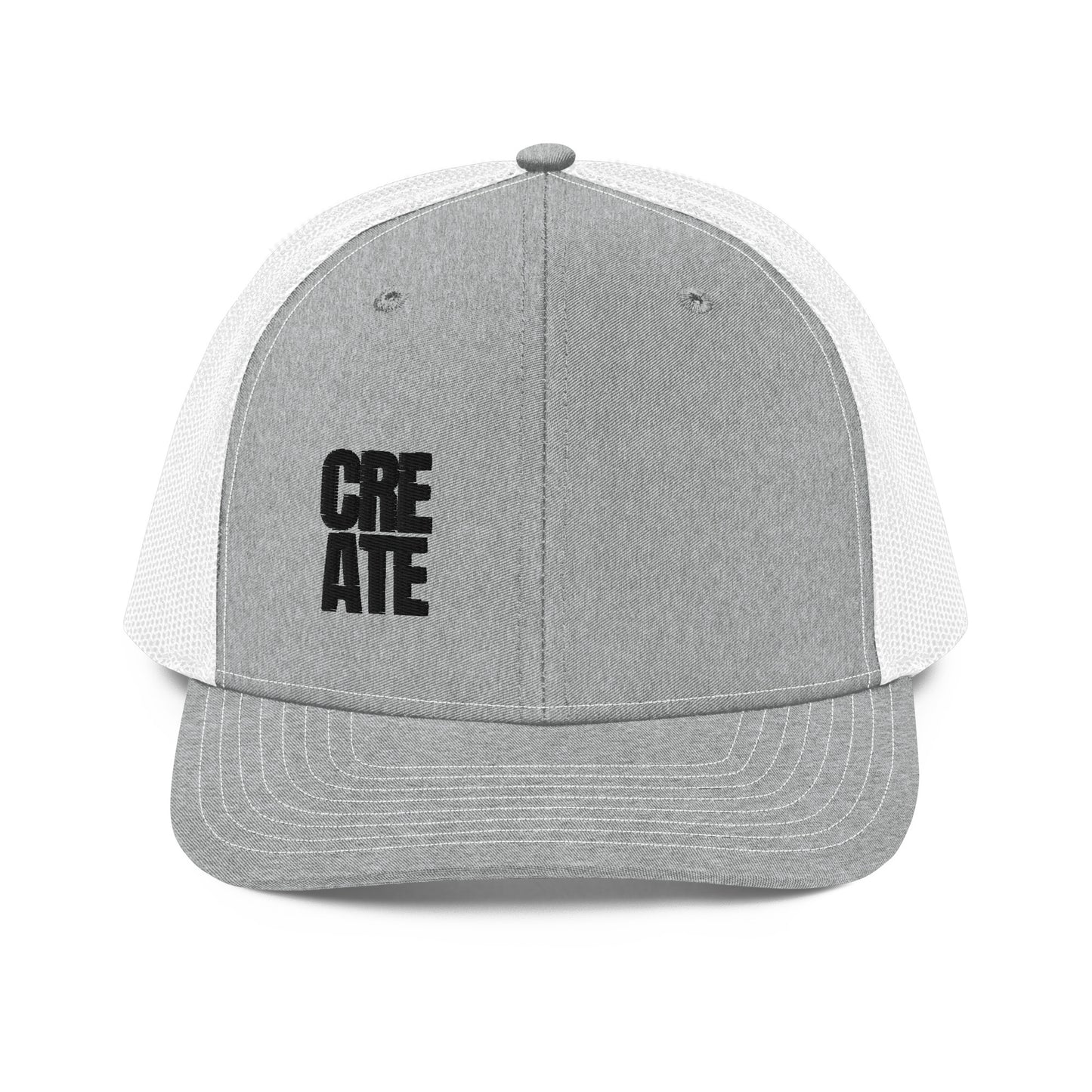 A grey and white snapback trucker cap with the word "CREATE" in bold black letters divided across the front panel. It features a pre-curved visor, a structured front crown, black mesh back panels for breathability, and an adjustable snap closure to fit various head sizes comfortably.