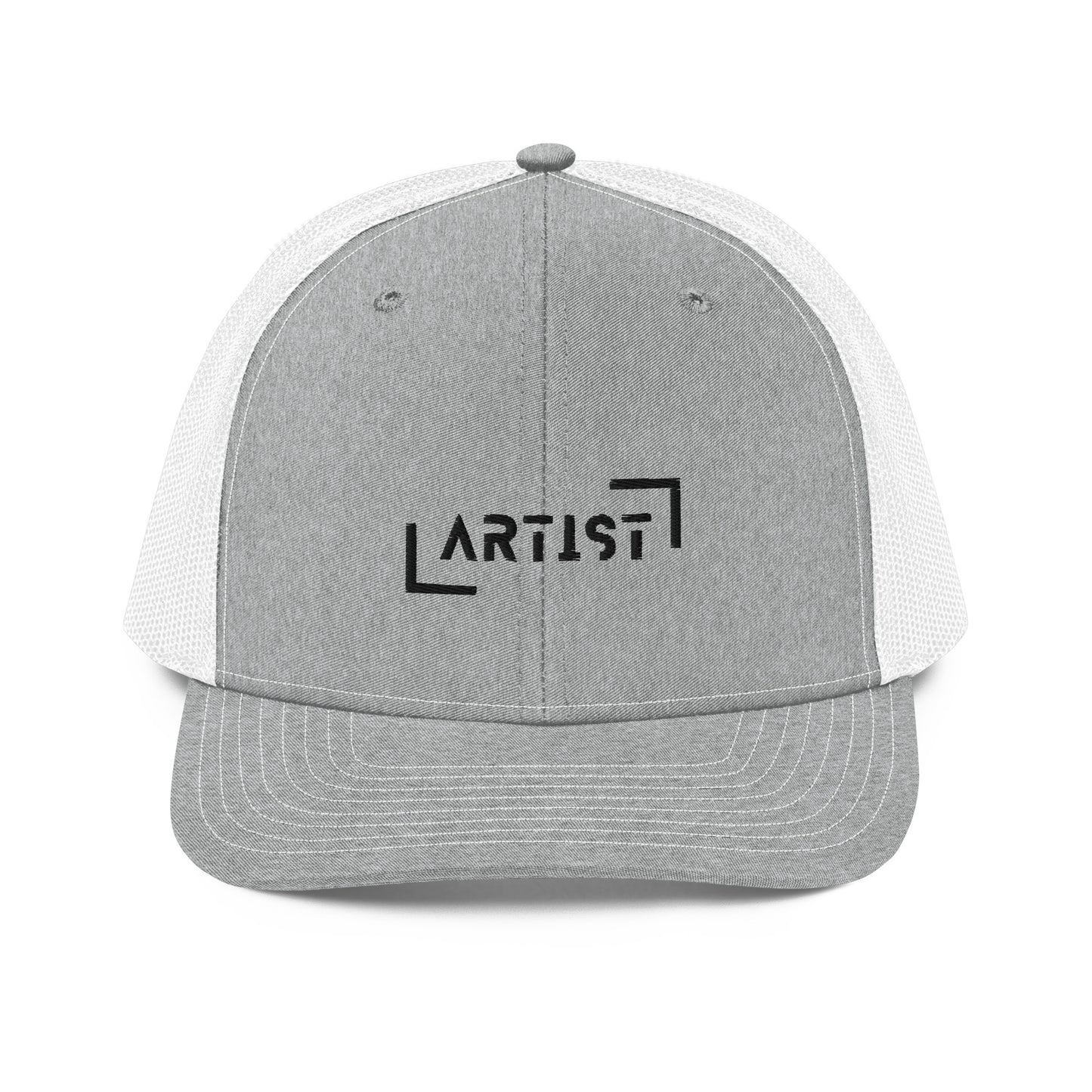 A grey and white snapback trucker cap with the word "ARTIST" in bold black letters, framed by a black line square, embroidered on the front panel. It features a curved brim, button top, and black mesh back panels, offering a stylish look with a comfortable, breathable fit.