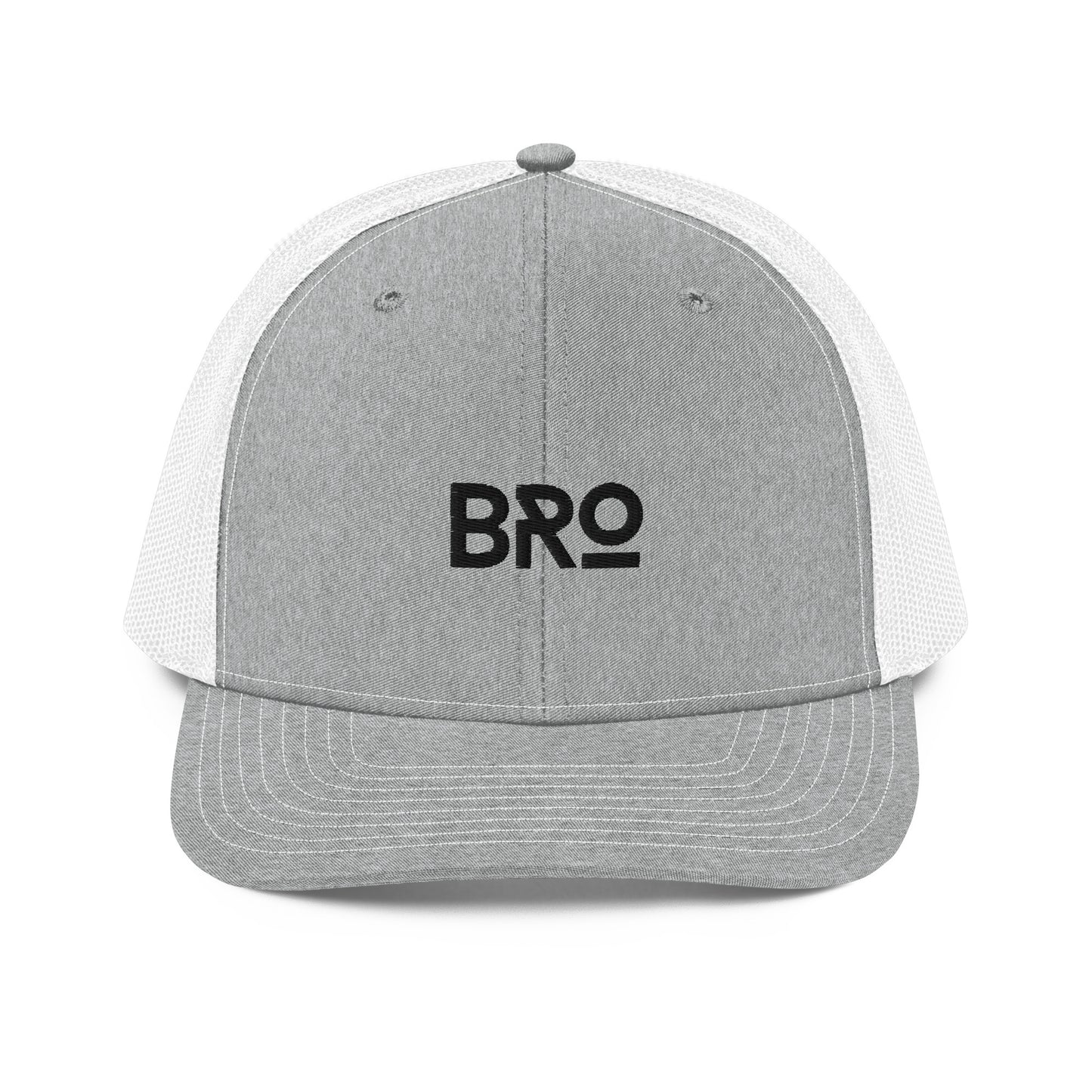 A grey and white snapback trucker cap with the letters "BRO" in bold black font centered on the front panel. This cap features a curved brim, black mesh back panels for enhanced airflow, and an adjustable snap closure ensuring a snug and comfortable fit.