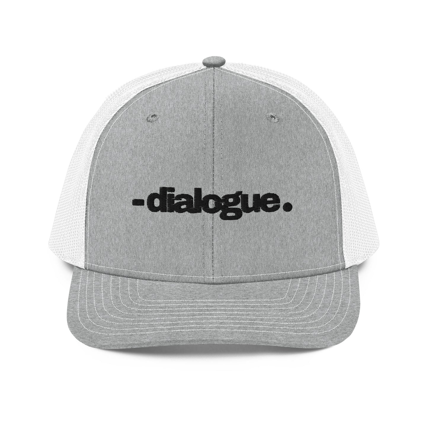 A heather gray snapback trucker cap with the word "-dialogue." in black, modern font, centered on the front panel. The cap is designed with a curved brim, white mesh back panels for breathability, and an adjustable snap closure for a customizable fit.