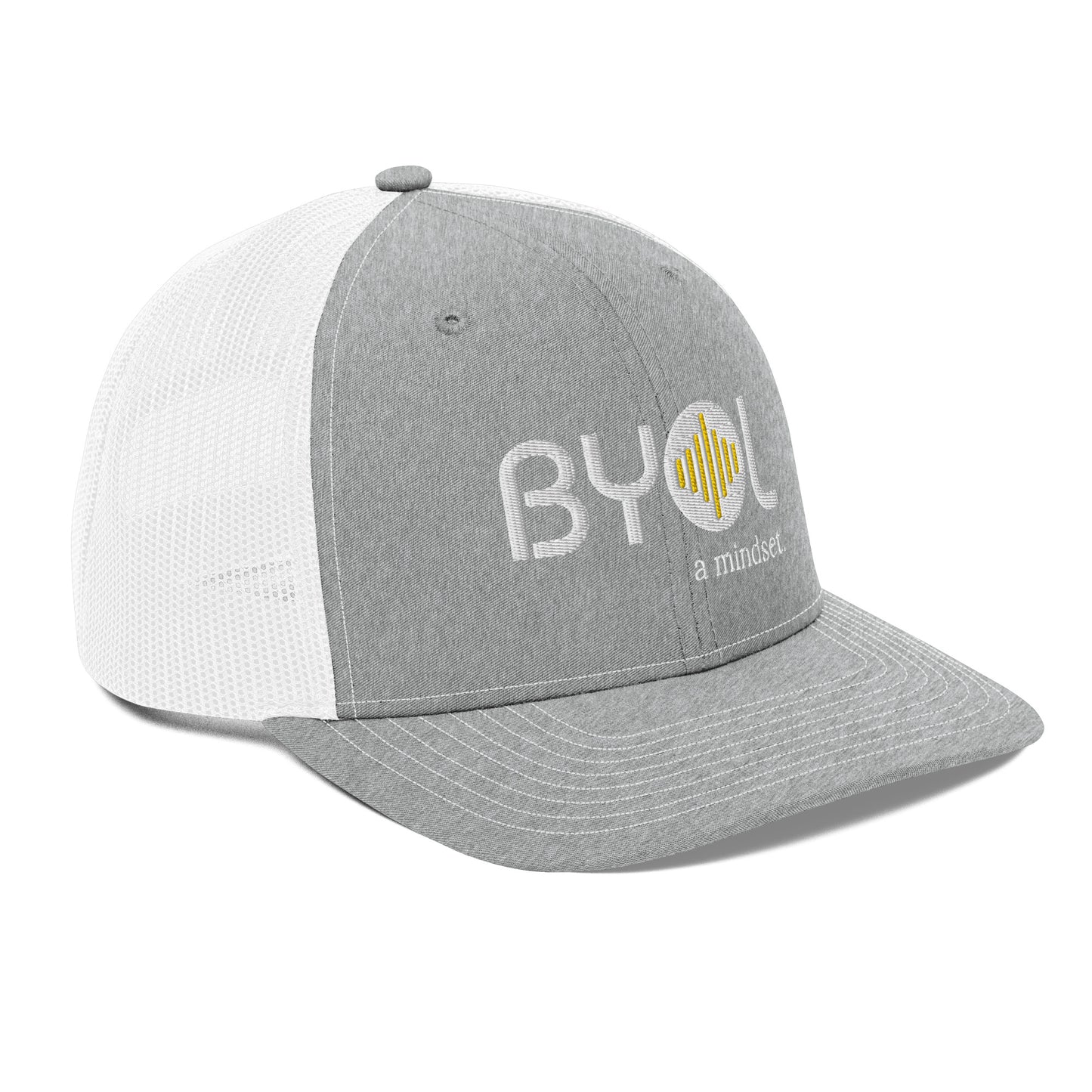 light grey and black pre-curved contrast stitched trucker hat with "BYOL a mindset" embroidered on the front in white and yellow displayed against a clean background. Available in various colors: maroon, black, green, and gray.