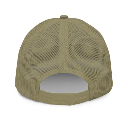 A rear view of a military green snapback trucker cap, showcasing a mesh back for breathability and an adjustable plastic snap closure for a customizable fit. The cap has a gray underbill, and the brand "RICHARDSON" is embossed on the back panel above the snapback.