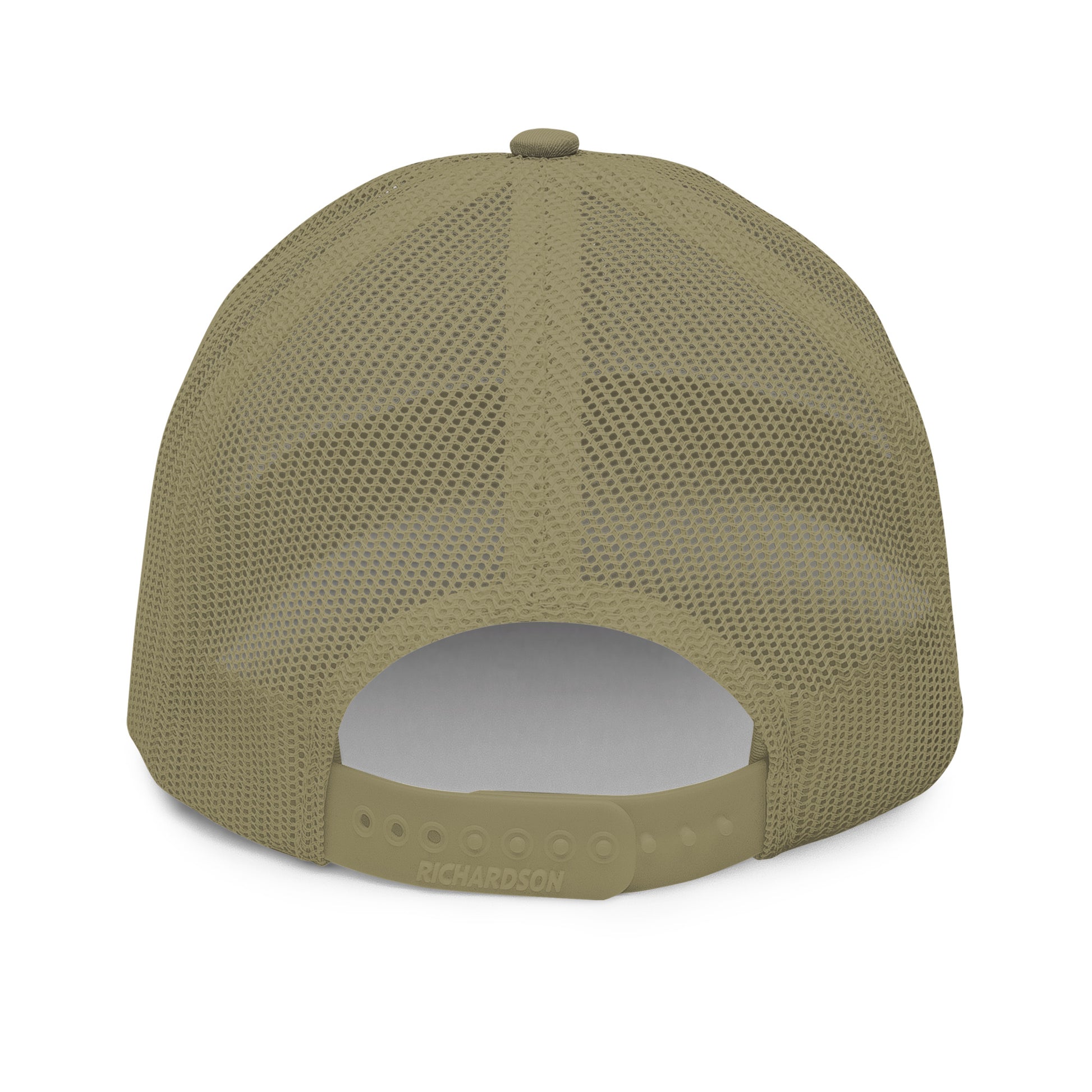 A rear view of a military green snapback trucker cap, showcasing a mesh back for breathability and an adjustable plastic snap closure for a customizable fit. The cap has a gray underbill, and the brand "RICHARDSON" is embossed on the back panel above the snapback.