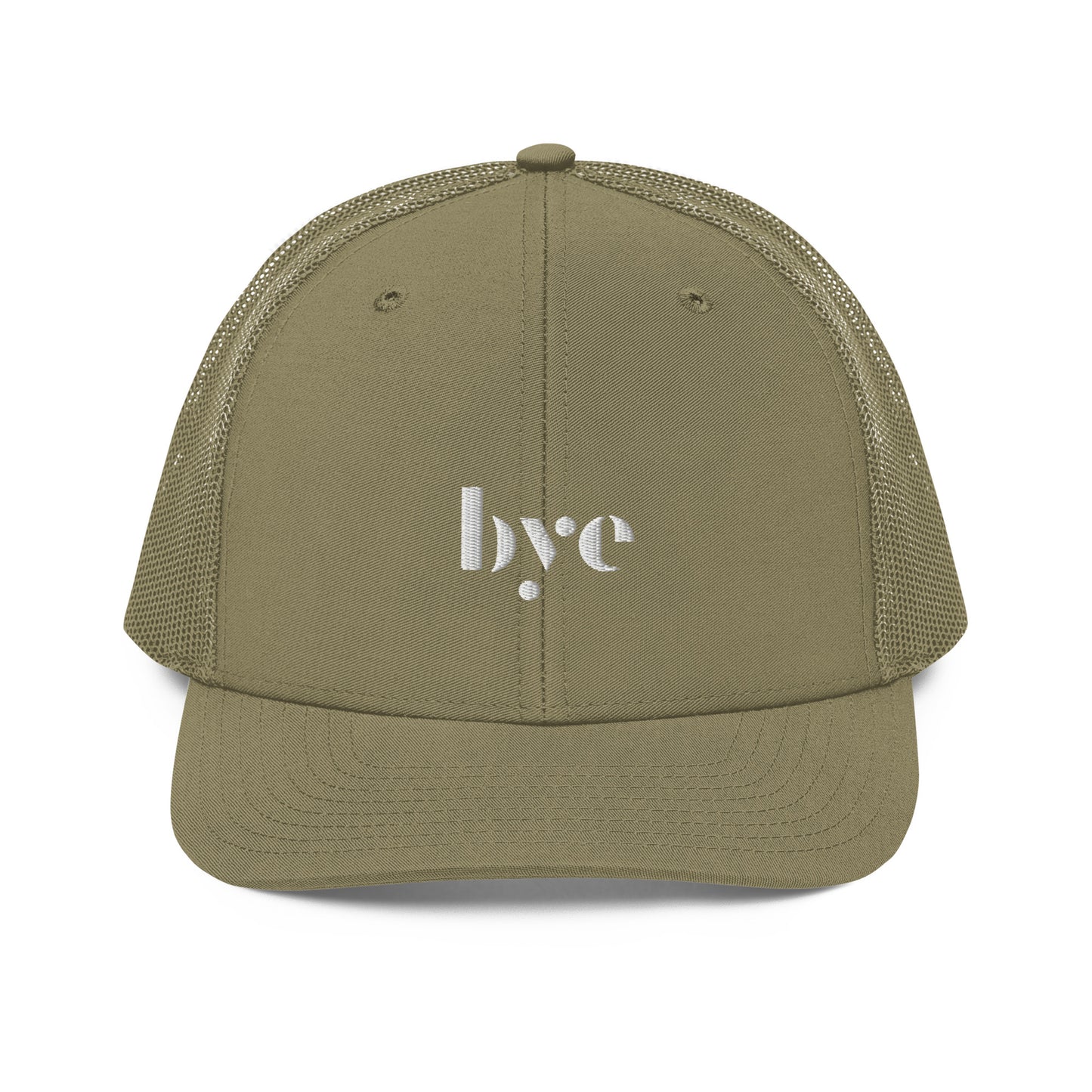 A structured military green trucker cap mesh back. The front features a white embroidered logo that reads "b.y.e" in lowercase letters. The cap has a curved brim with stitching detail and an adjustable snapback closure at the rear.