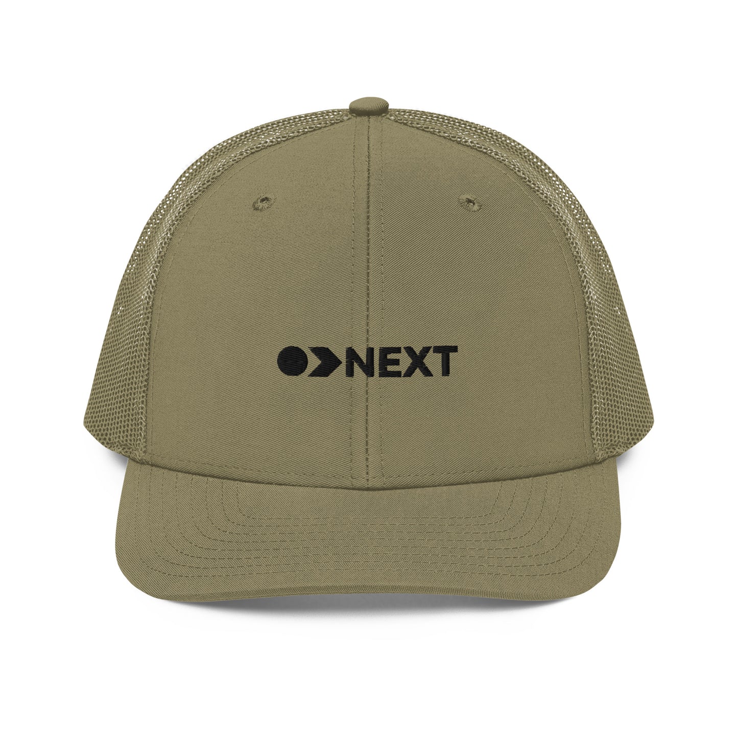 A military green snapback trucker cap featuring a front panel with a black embroidered logo that reads "NEXT" with an eye-like symbol as the 'E.' The cap has a curved brim and breathable mesh panels on the sides and back, complete with a button top and adjustable strap for a versatile fit.