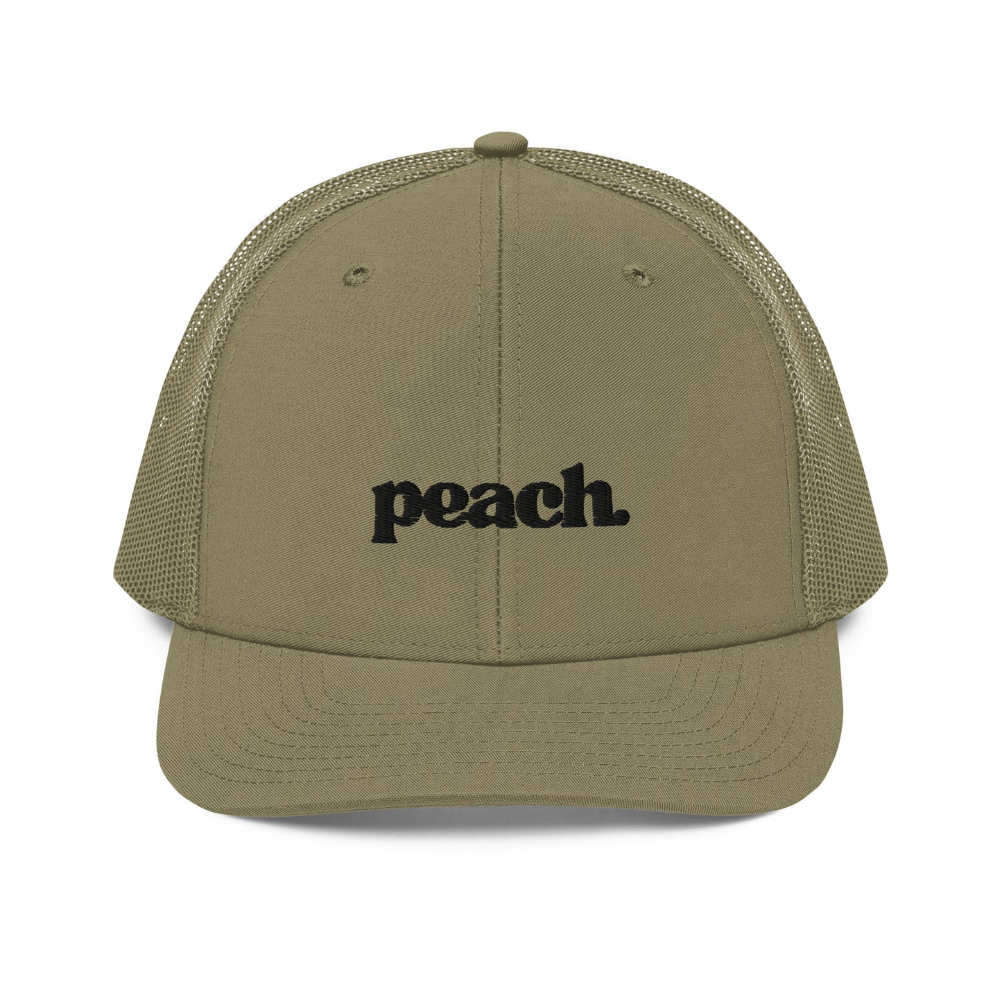 A front view of an military green snapback trucker cap, featuring the word "peach." in a casual black script embroidered on the front panel. The cap has a pre-curved visor, a button top, and breathable mesh panels on the sides and back for a comfortable fit.