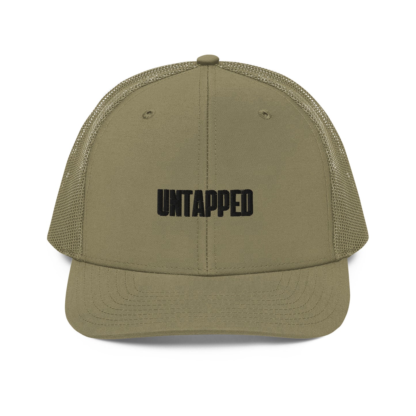 A military green snapback trucker cap with the word "UNTAPPED" embroidered in bold black letters on the front panel. The cap includes a curved brim, ventilated mesh panels on the sides and back for breathability, and an adjustable snap at the back for a customizable fit.