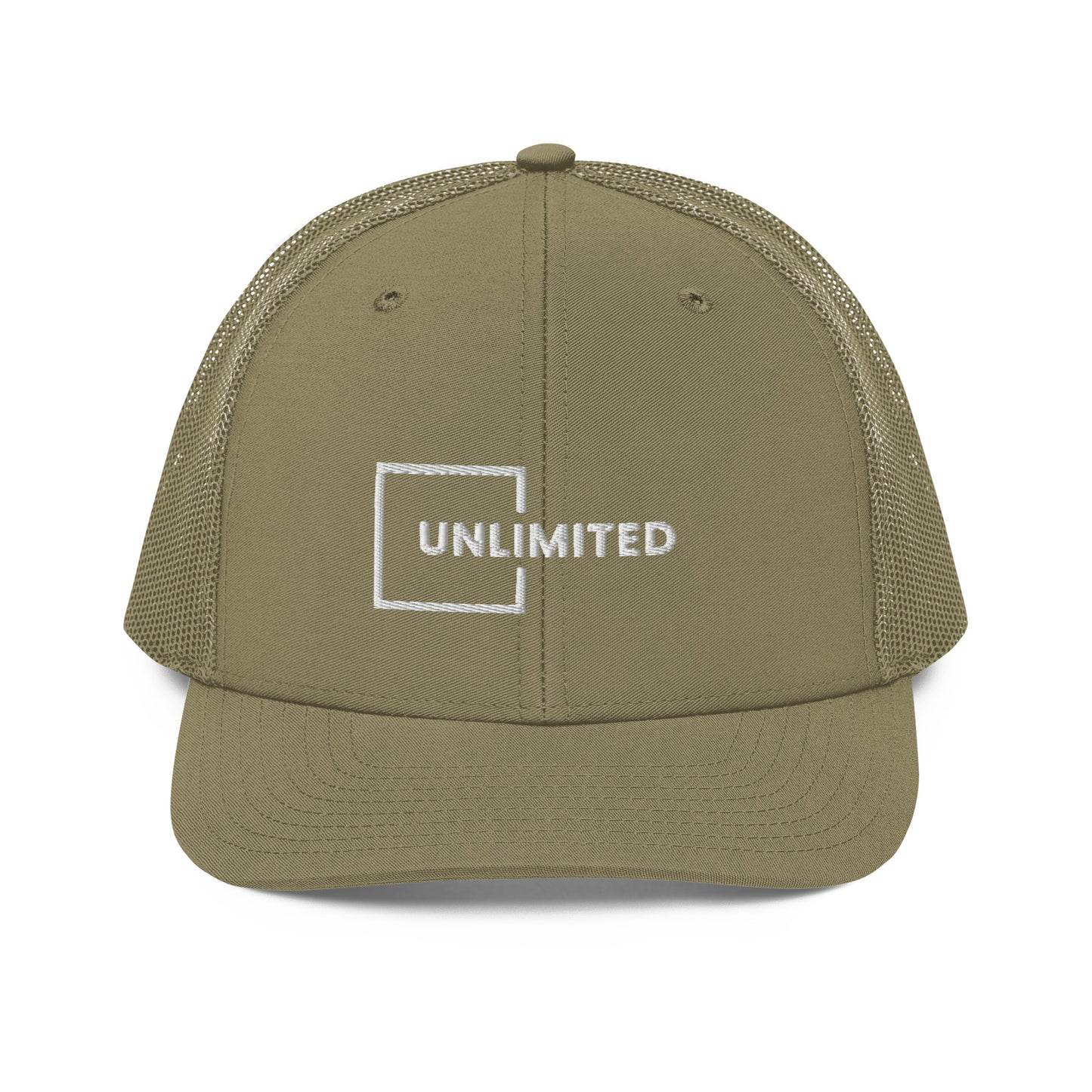 A military green snapback trucker cap featuring the word "UNLIMITED" in white block letters enclosed within a white line square, embroidered on the front panel. The cap has a pre-curved visor, structured crown, breathable mesh panels on the sides and back, and an adjustable snap closure for a comfortable fit.