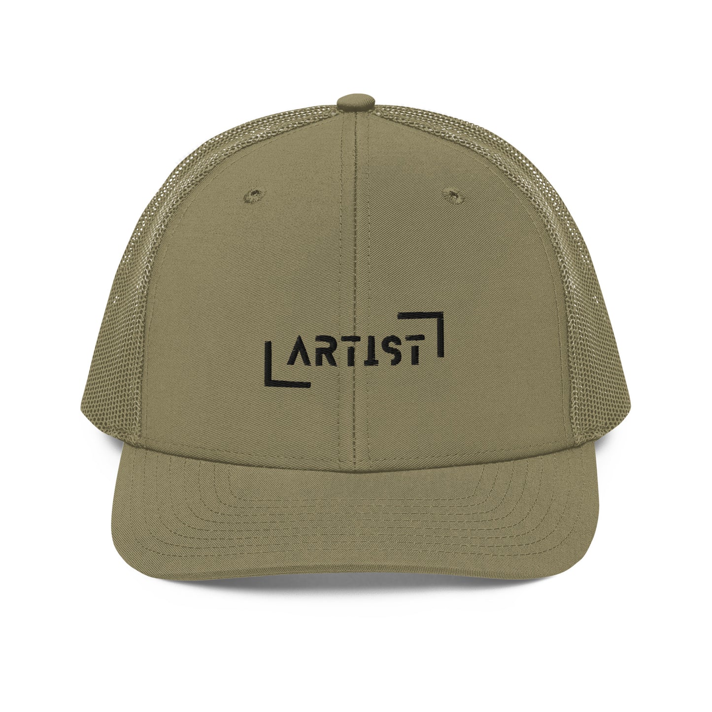 A military green snapback trucker cap with the word "ARTIST" in bold black letters, framed by a black line square, embroidered on the front panel. It features a curved brim, button top, and black mesh back panels, offering a stylish look with a comfortable, breathable fit.