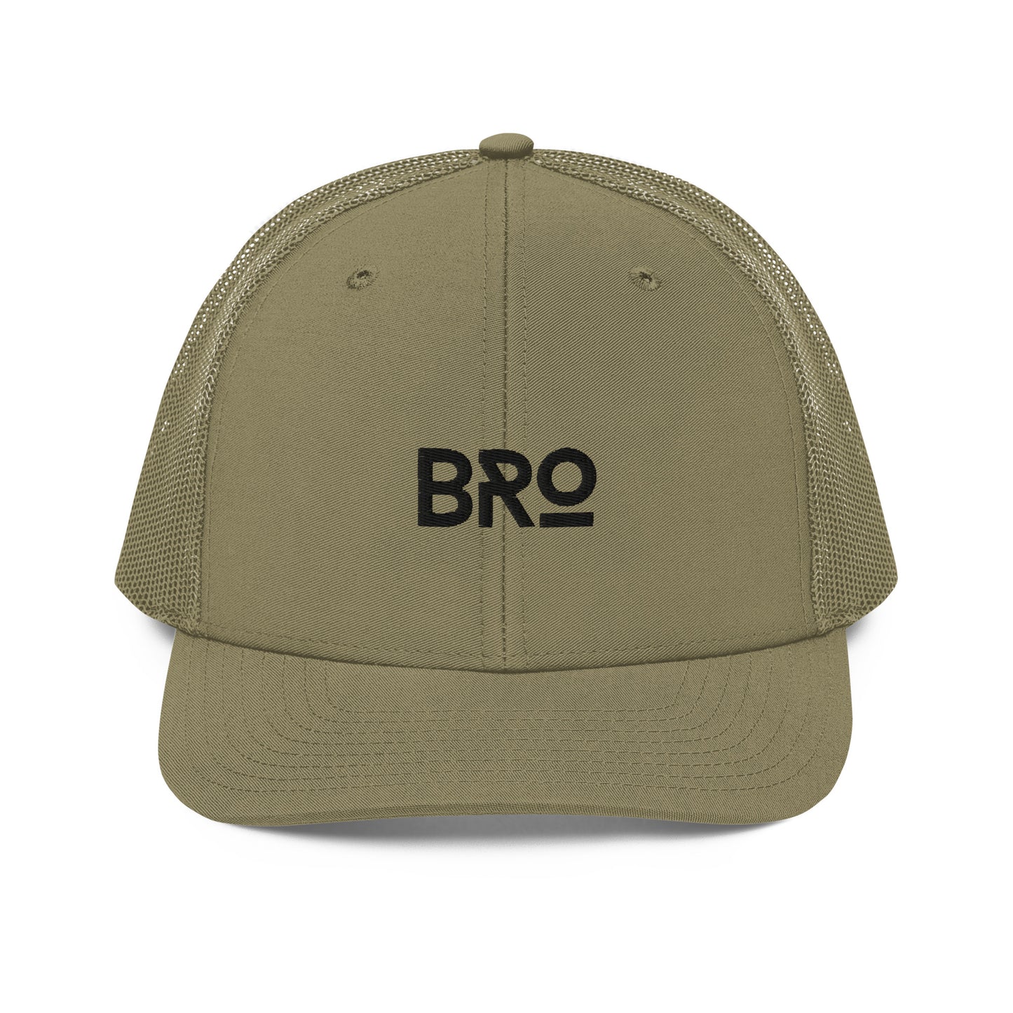 A military green snapback trucker cap with the letters "BRO" in bold black font centered on the front panel. This cap features a curved brim, black mesh back panels for enhanced airflow, and an adjustable snap closure ensuring a snug and comfortable fit.