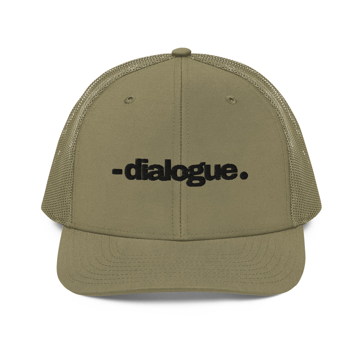 A military green snapback trucker cap with the word "-dialogue." in black, modern font, centered on the front panel. The cap is designed with a curved brim, white mesh back panels for breathability, and an adjustable snap closure for a customizable fit.