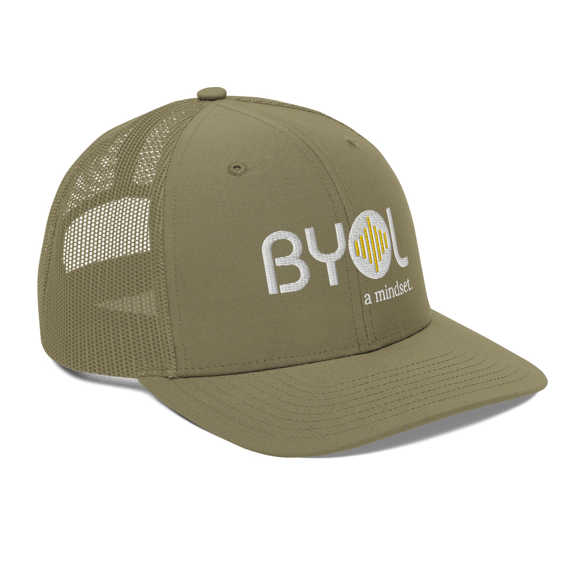 military green pre-curved contrast stitched trucker hat with "BYOL a mindset" embroidered on the front in white and yellow displayed against a clean background. Available in various colors: maroon, black, green, and gray.