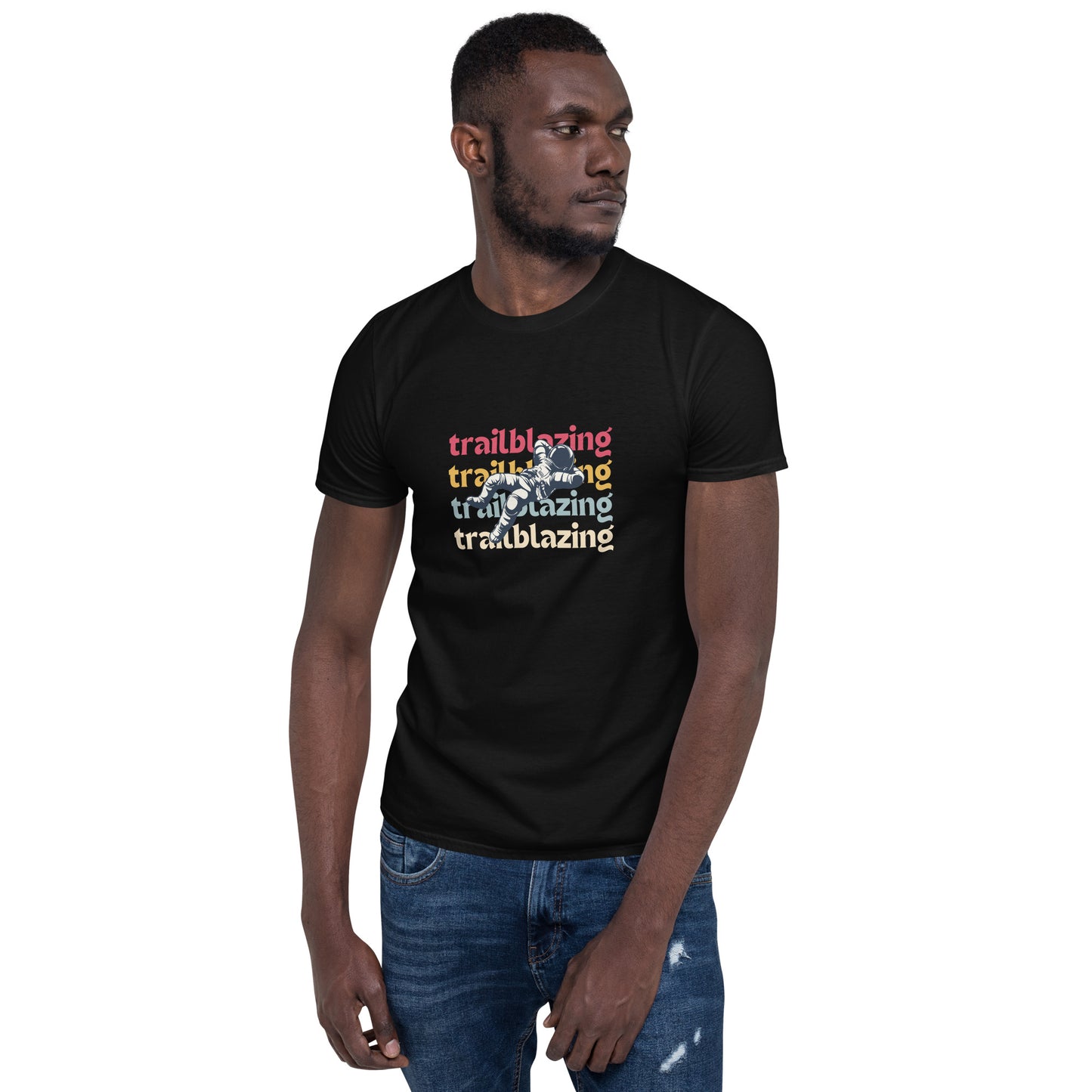 Man in a black 'Trailblazing' soft cotton t-shirt, perfect for showcasing bold leadership and style.