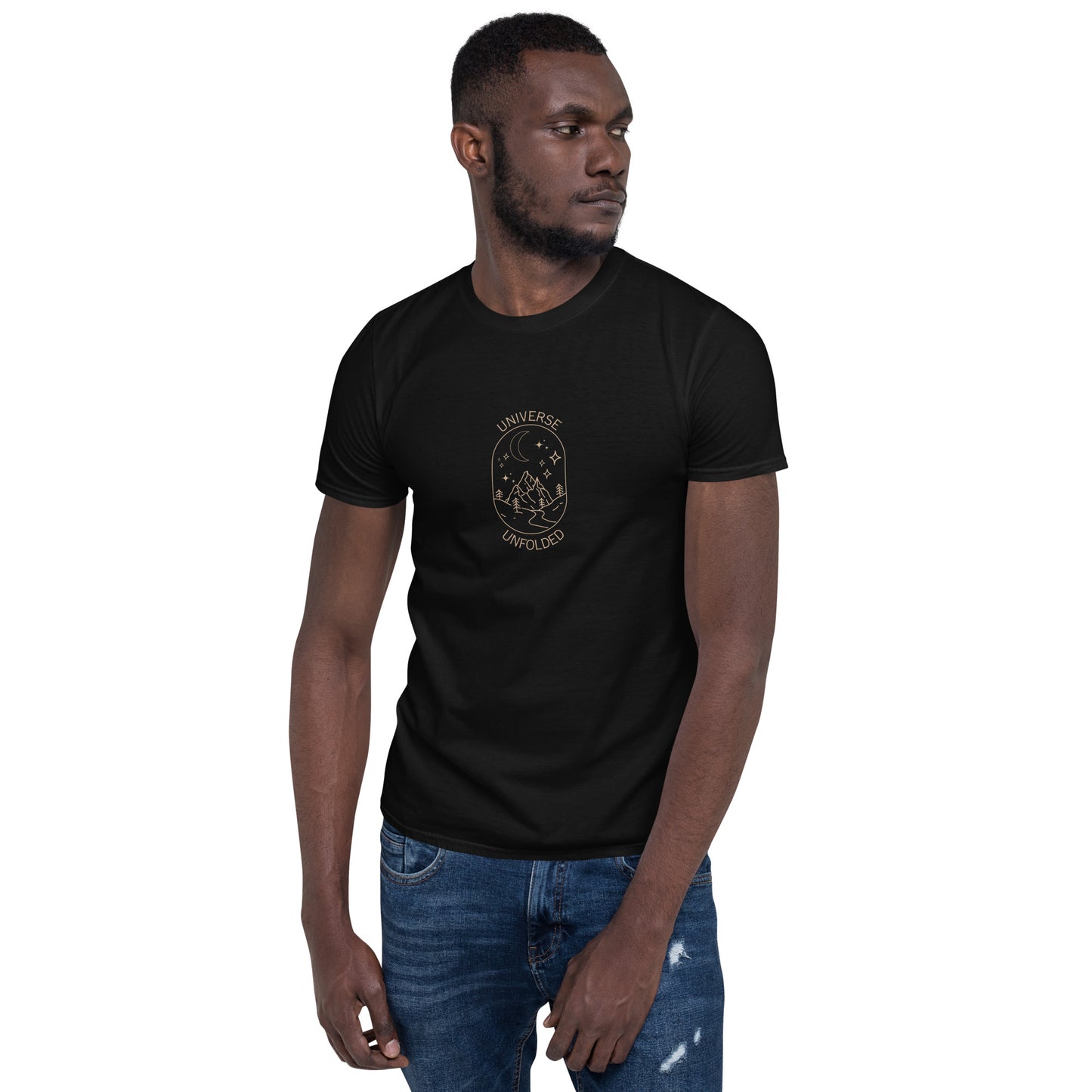 Man in a black soft cotton t-shirt featuring an astrological universe design