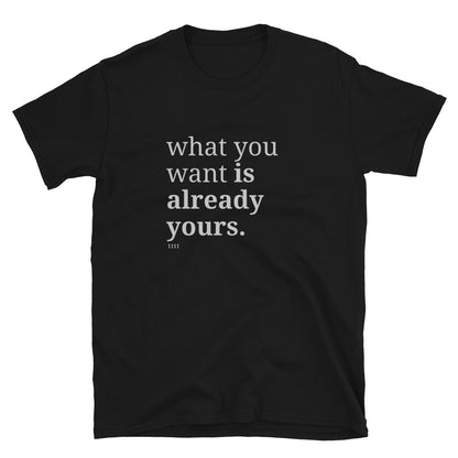 Black t-shirt with the phrase "what you want is already yours." printed on the front, available in color options black, navy blue, gray, white, and light blue, available in sizes S to 3XL.