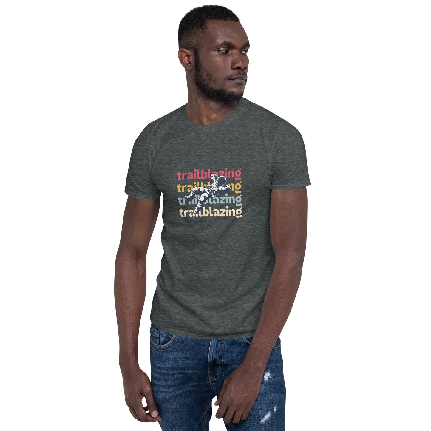 Man in a heathered grey 'Trailblazing' soft cotton t-shirt, perfect for showcasing bold leadership and style.