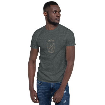 Man in a heather grey soft cotton t-shirt featuring an astrological universe design