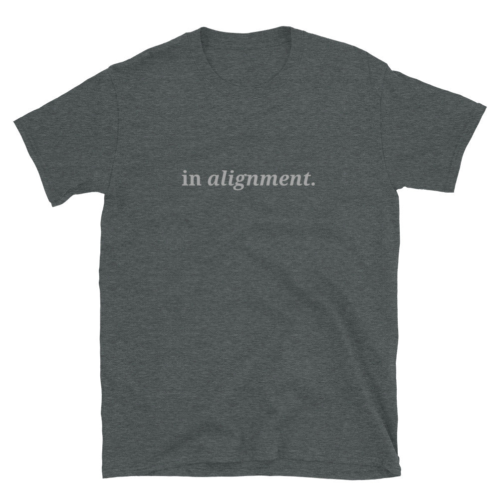 Dark heather grey t-shirt with the phrase "in alignment." printed on the front, available in color options black, navy blue, gray, and white, available in sizes S to 3XL.