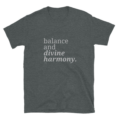 Grey t-shirt with the phrase "balance and divine harmony." printed on the front, available in color options black, navy blue, gray, and white, available in sizes S to 3XL.