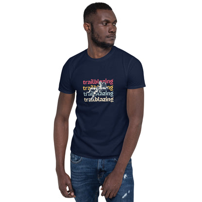 Man in a navy blue 'Trailblazing' soft cotton t-shirt, perfect for showcasing bold leadership and style.