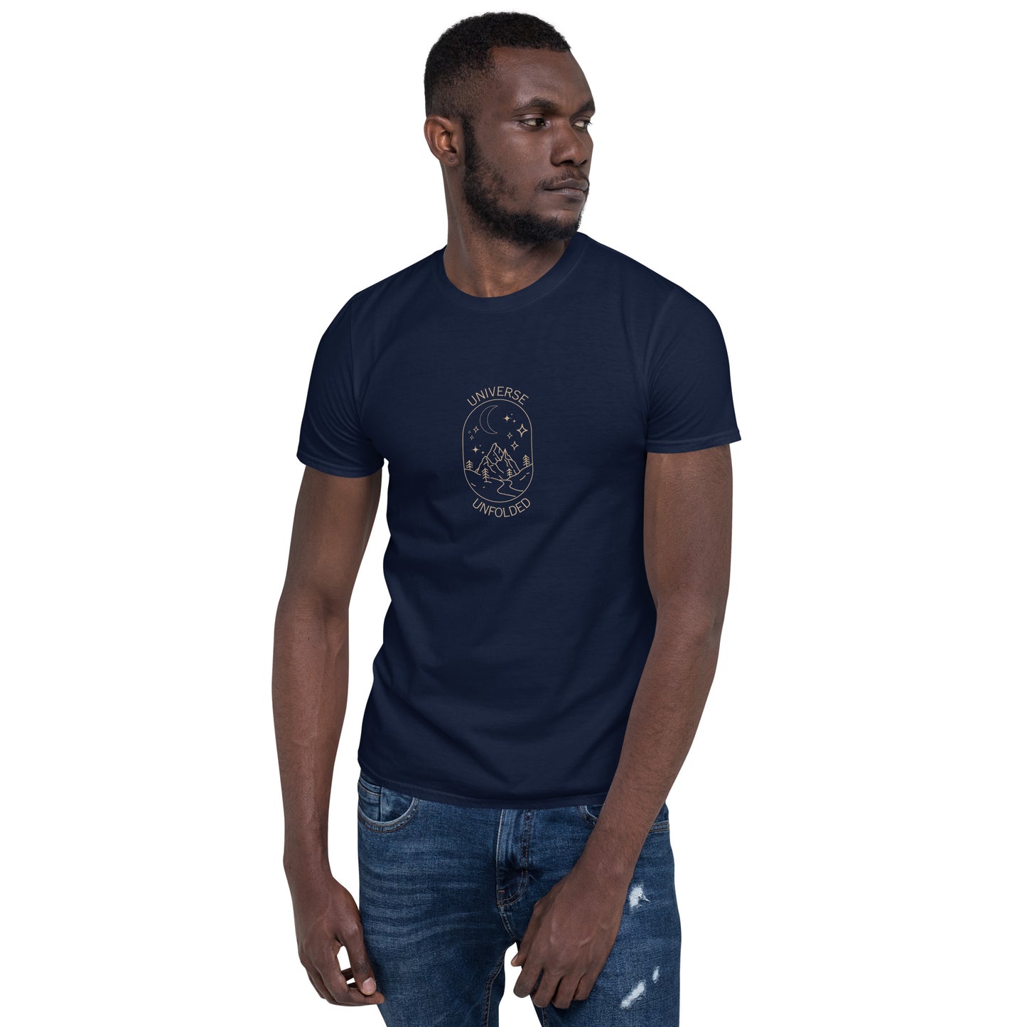 Man in a navy blue soft cotton t-shirt featuring an astrological universe design