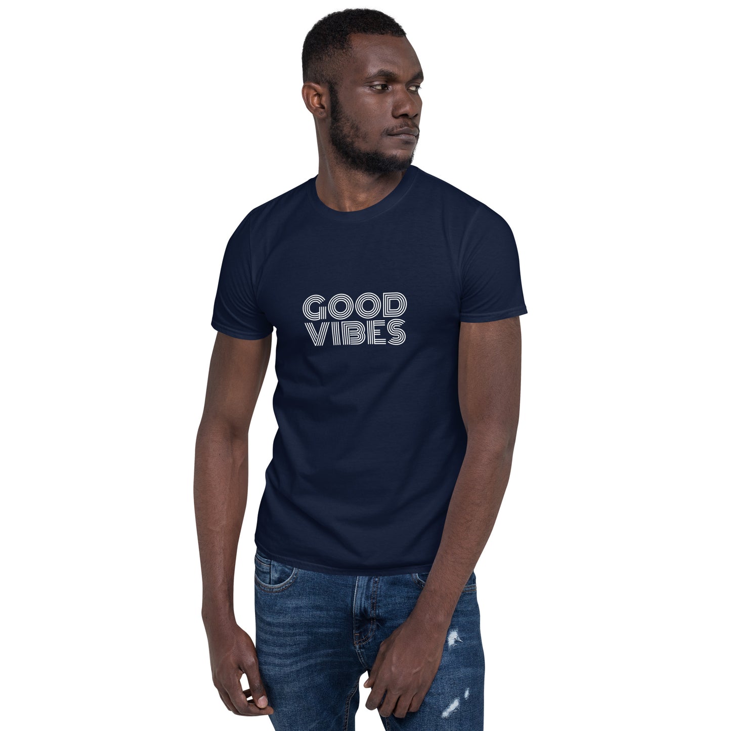 Man wearing a navy blue soft cotton t-shirt with 'Good Vibes' printed in white