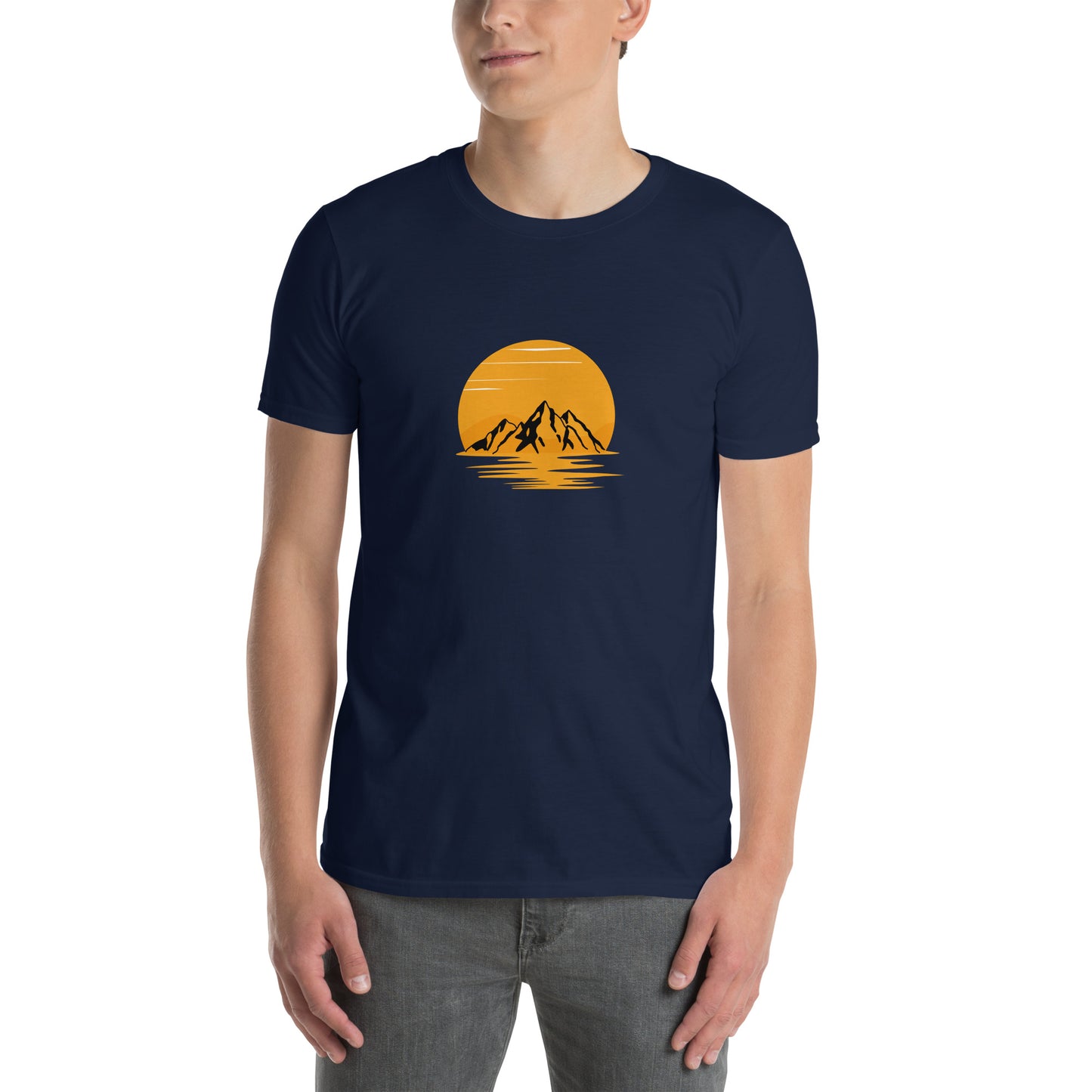 Man wearing a navy blue soft cotton t-shirt with a mountain sunset design, perfect for inspiring bold self-expression