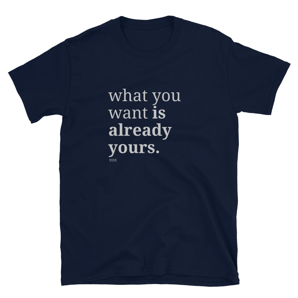 Navy Blue t-shirt with the phrase "what you want is already yours." printed on the front, available in color options black, navy blue, gray, white, and light blue, available in sizes S to 3XL.