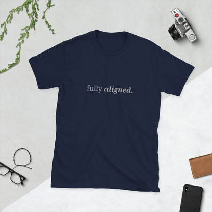 Navy blue t-shirt with the phrase "fully aligned." printed on the front, available in color options black, navy blue, gray, and white, available in sizes S to 3XL.