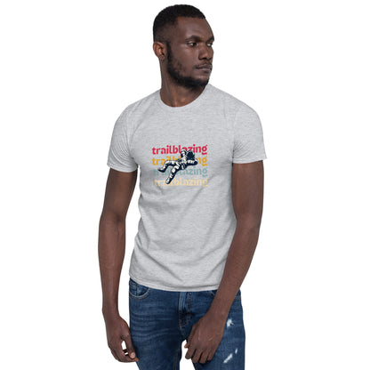 Man in a sport grey 'Trailblazing' soft cotton t-shirt, perfect for showcasing bold leadership and style.