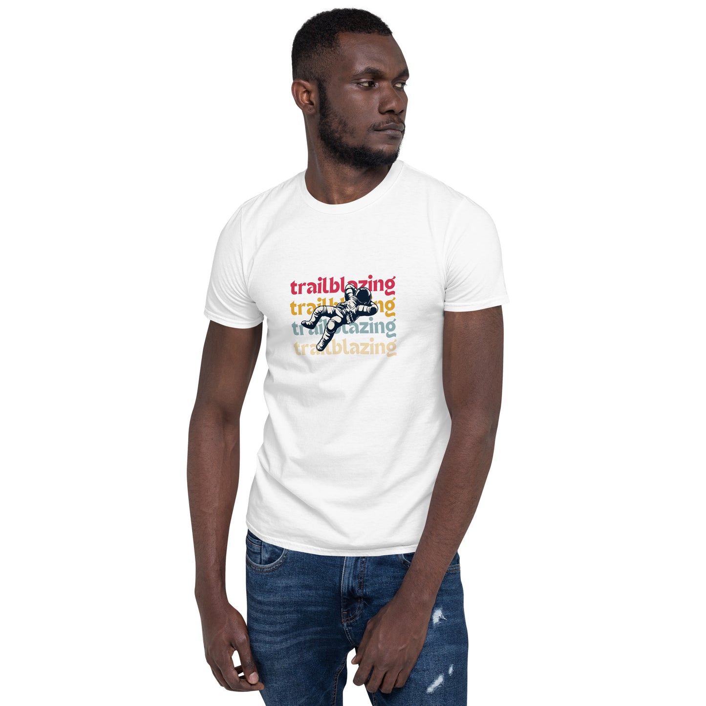 Man in a white 'Trailblazing' soft cotton t-shirt, perfect for showcasing bold leadership and style.