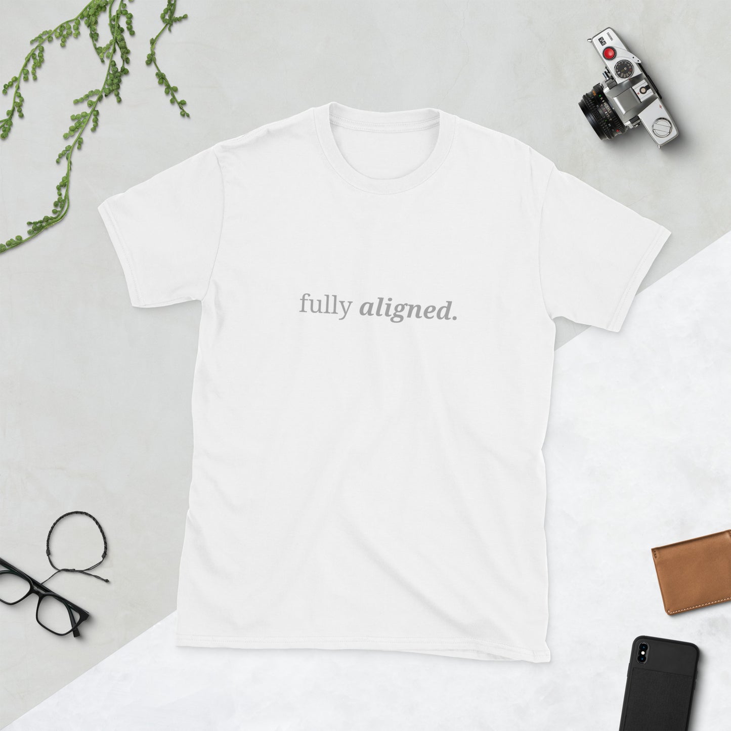 White t-shirt with the phrase "fully aligned." printed on the front, available in color options black, navy blue, gray, and white, available in sizes S to 3XL.