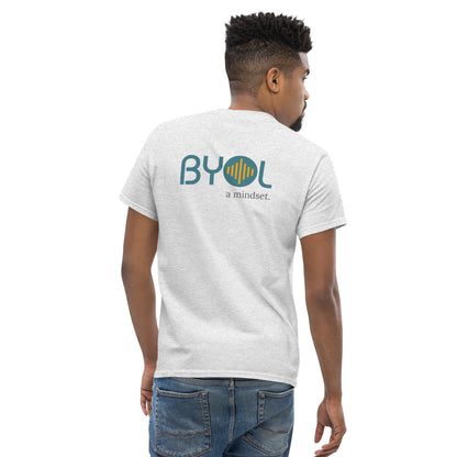 A young man with short hair wearing a ash "BYOL: a mindset" T-shirt, viewed from the back. The T-shirt features the "BYOL" logo in teal and yellow on the back and is available in multiple colors (maroon, black, brown, gold, plus more) and sizes (S-3XL). The "be you out loud" logo is displayed at the top.