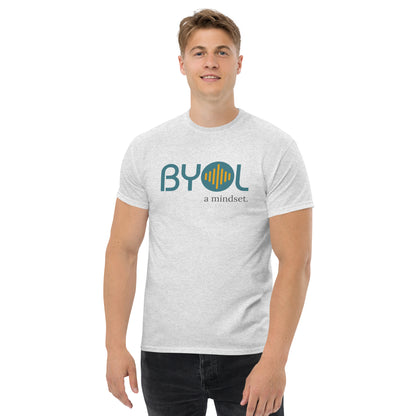 A young man with short blonde hair wearing a ash "BYOL: a mindset" T-shirt, smiling and standing with his arms at his sides. The T-shirt features the "BYOL" logo in teal and yellow on the front and is available in multiple colors (maroon, black, brown, gold, plus more) and sizes (S-3XL). The "be you out loud" logo is displayed at the top.