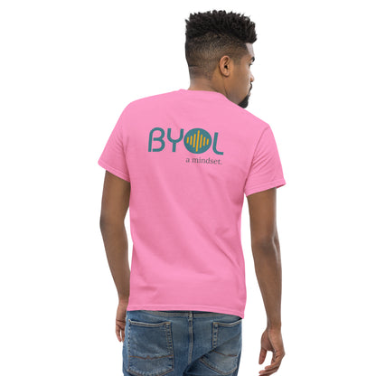 A young man with short hair wearing a pink "BYOL: a mindset" T-shirt, viewed from the back. The T-shirt features the "BYOL" logo in teal and yellow on the back and is available in multiple colors (maroon, black, brown, gold, plus more) and sizes (S-3XL). The "be you out loud" logo is displayed at the top.