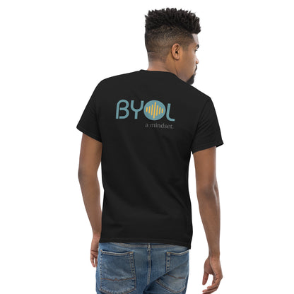 A young man with short hair wearing a black "BYOL: a mindset" T-shirt, viewed from the back. The T-shirt features the "BYOL" logo in teal and yellow on the back and is available in multiple colors (maroon, black, brown, gold, plus more) and sizes (S-3XL). The "be you out loud" logo is displayed at the top.