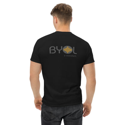 A young man with short blonde hair wearing a black "BYOL: a mindset" T-shirt, viewed from the back. The T-shirt features the "BYOL" logo in gray and yellow on the back and is available in multiple colors (maroon, black, brown, gold, plus more) and sizes (S-3XL). The "be you out loud" logo is displayed at the top.