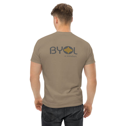 A young man with short blonde hair wearing a savana brown "BYOL: a mindset" T-shirt, viewed from the back. The T-shirt features the "BYOL" logo in gray and yellow on the back and is available in multiple colors (maroon, black, brown, gold, plus more) and sizes (S-3XL). The "be you out loud" logo is displayed at the top.