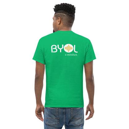 A young man with short curly hair wearing an green "BYOL: a mindset" T-shirt, viewed from the back. The T-shirt features the "BYOL" logo in white and yellow on the back and is available in multiple colors (maroon, black, brown, gold, plus more) and sizes (S-3XL). The "be you out loud" logo is displayed at the top.