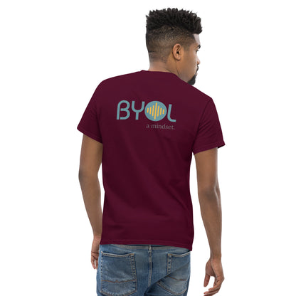 A young man with short hair wearing a maroon "BYOL: a mindset" T-shirt, viewed from the back. The T-shirt features the "BYOL" logo in teal and yellow on the back and is available in multiple colors (maroon, black, brown, gold, plus more) and sizes (S-3XL). The "be you out loud" logo is displayed at the top.