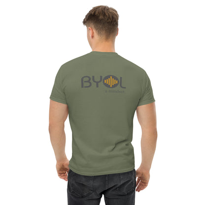 A young man with short blonde hair wearing a military green "BYOL: a mindset" T-shirt, viewed from the back. The T-shirt features the "BYOL" logo in gray and yellow on the back and is available in multiple colors (maroon, black, brown, gold, plus more) and sizes (S-3XL). The "be you out loud" logo is displayed at the top.