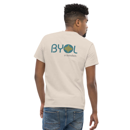 A young man with short hair wearing a natural "BYOL: a mindset" T-shirt, viewed from the back. The T-shirt features the "BYOL" logo in teal and yellow on the back and is available in multiple colors (maroon, black, brown, gold, plus more) and sizes (S-3XL). The "be you out loud" logo is displayed at the top.