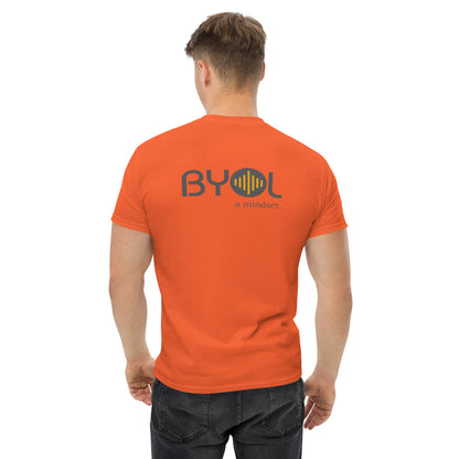 A young man with short blonde hair wearing a orange "BYOL: a mindset" T-shirt, viewed from the back. The T-shirt features the "BYOL" logo in gray and yellow on the back and is available in multiple colors (maroon, black, brown, gold, plus more) and sizes (S-3XL). The "be you out loud" logo is displayed at the top.